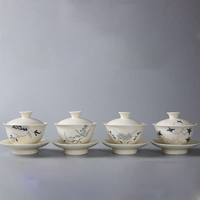 Buddha Stones Hand Painted Pomegranate Hibiscus Pine Lotus Ceramic Gaiwan Sancai Teacup Kung Fu Tea Cup And Saucer With Lid Cup BS 8