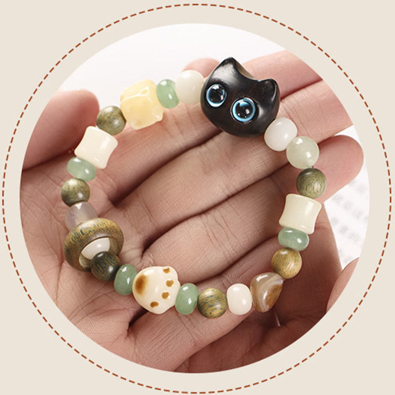 Bracelet de paix Foviel avec tête et patte de chat en graine de Bodhi, bois de santal vert, bois d'ébène et bois de santal rouge à petites feuilles