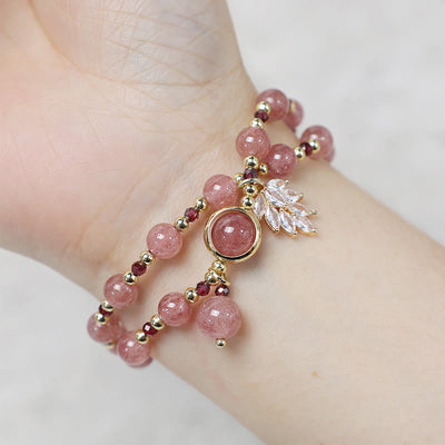 Foviel Natural Strawberry Quartz Love Healing Maple Leaf Charm Double Wrap Bracelet