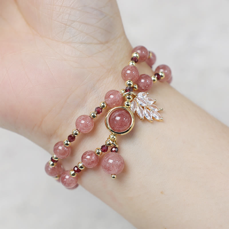 Foviel Natural Strawberry Quartz Love Healing Maple Leaf Charm Double Wrap Bracelet
