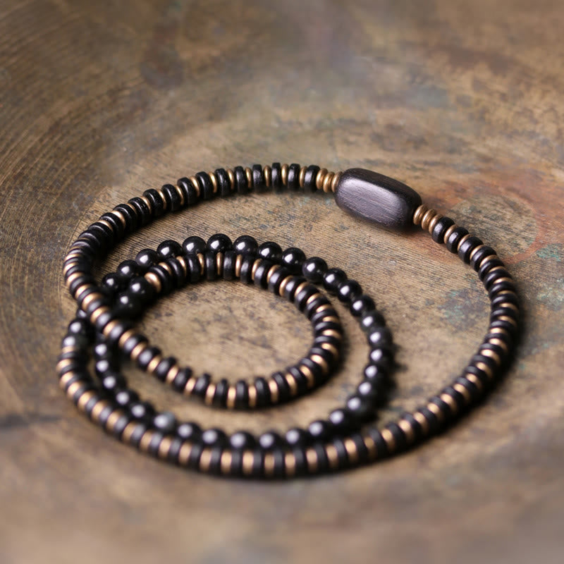 Buddha Stones Rainbow Obsidian Ebony Wood Copper Healing Triple Wrap Bracelet Bracelet BS Rainbow Obsidian&Ebony Wood 18cm