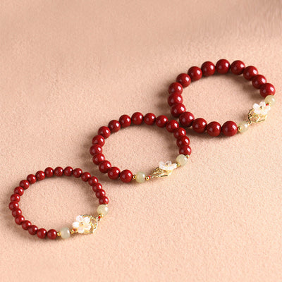 Buddha Stones Natural Cinnabar Jade Beaded Tridacna Stone Flower Blessing Bracelet Bracelet BS 8