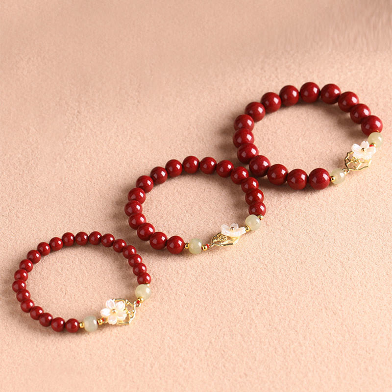 Buddha Stones Natural Cinnabar Jade Beaded Tridacna Stone Flower Blessing Bracelet Bracelet BS 8
