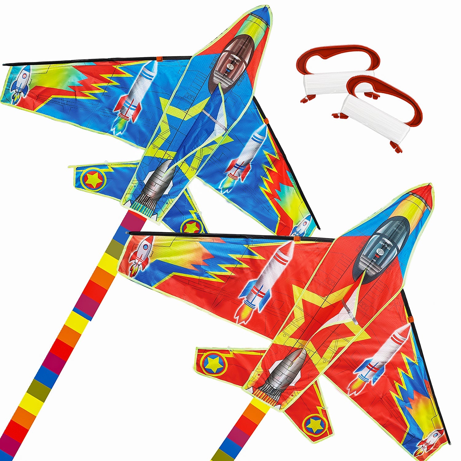 Fidtoy Fighter Plane Kite Set for Kids with 2 Easy Grip Handles