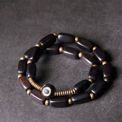 Buddha Stones Tibet Ebony Wood Dzi Bead Copper Balance Double Wrap Bracelet Bracelet BS Ebony Wood Round Dzi Bead 17-17.5cm(Double Wrap)