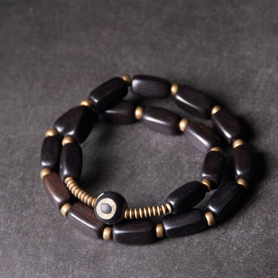 Buddha Stones Tibet Ebony Wood Dzi Bead Copper Balance Double Wrap Bracelet Bracelet BS Ebony Wood Round Dzi Bead 17-17.5cm(Double Wrap)