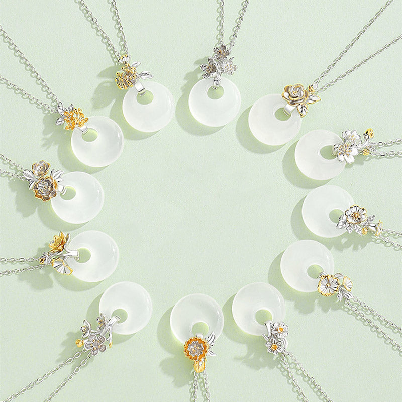 Buddha Stones 925 Sterling Silver Round Chalcedony Twelve Months Flower Harmony Necklace Pendant Necklaces & Pendants BS main