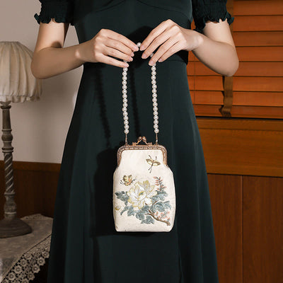 Buddha Stones Small Flowers Butterfly Embroidered Pearl Metal Chain Shoulder Bag Crossbody Handbag Cellphone Bag Crossbody Bag BS 2