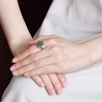 Buddha Stones 925 Sterling Silver Hetian Cyan Jade Flower Design Luck Adjustable Ring Ring BS 3