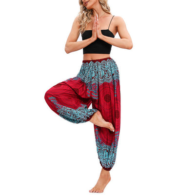 Buddha Stones Loose Circle-shaped Flowers Pattern Harem Trousers Women's Yoga Pants Women's Harem Pants BS 4