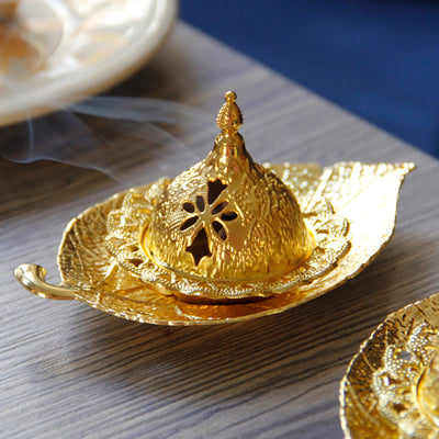 Buddha Stones Tibetan Gold Mini Leaf Coaster Meditation Incense Burner Incense Burner BS 1