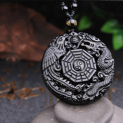 Collier pendentif Foviel Bagua Dragon Phénix en obsidienne
