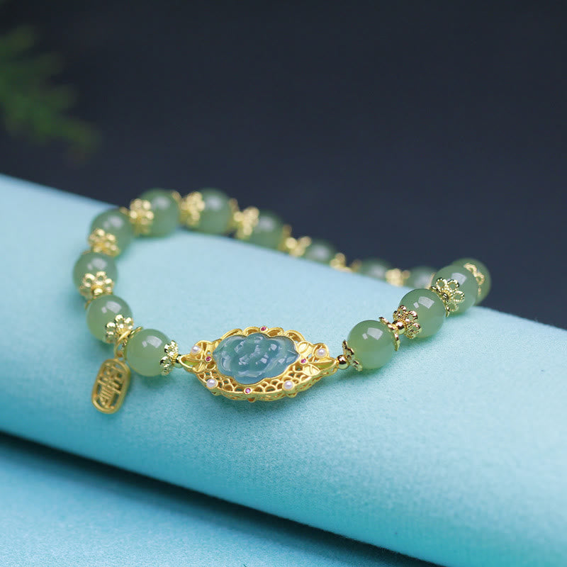 14K Gold Plated 925 Sterling Silver Hetian Jade Lotus Luck Bracelet Bracelet BS 1