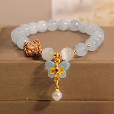 Buddha Stones Aquamarine Cat's Eye Healing Butterfly Pearl Charm Bracelet Bracelet BS 4