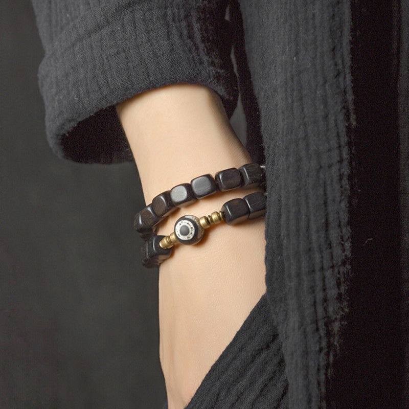 Buddha Stones Ebony Wood Dzi Bead Copper Peace Couple Bracelet Bracelet BS 10