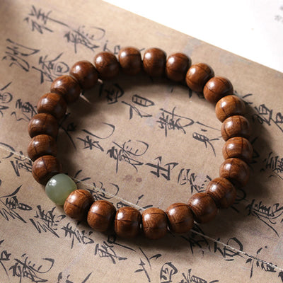 Buddha Stones Natural Abelia Biflora Wood Hetian Jade Bamboo Bead Warding Off Evil Spirits Bracelet Bracelet BS 8*10mm Abelia Biflora Wood&Hetian Jade Bead 18cm