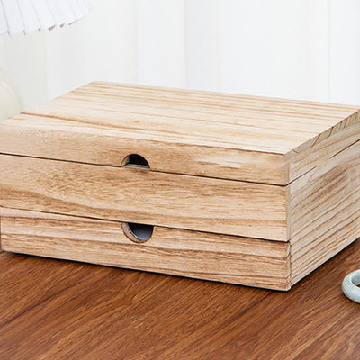 Buddha Stones Retro Beige Wooden Jewelry Box Two-Layer Jewelry Storage Box With Mirror - image 13