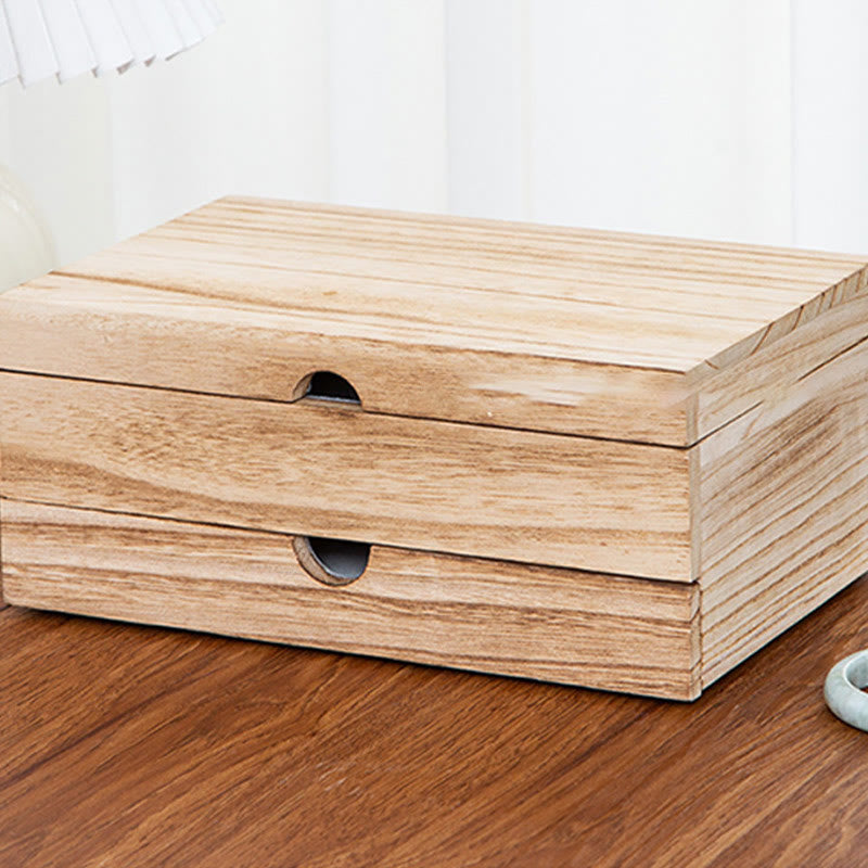 Buddha Stones Retro Beige Wooden Jewelry Box Two-Layer Jewelry Storage Box With Mirror - image 13