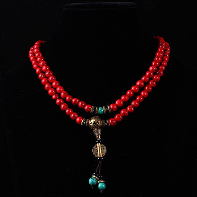 Buddha Stones Tibetan Mala Red Turquoise Lucky Necklace Bracelet Mala Bracelet BS 3