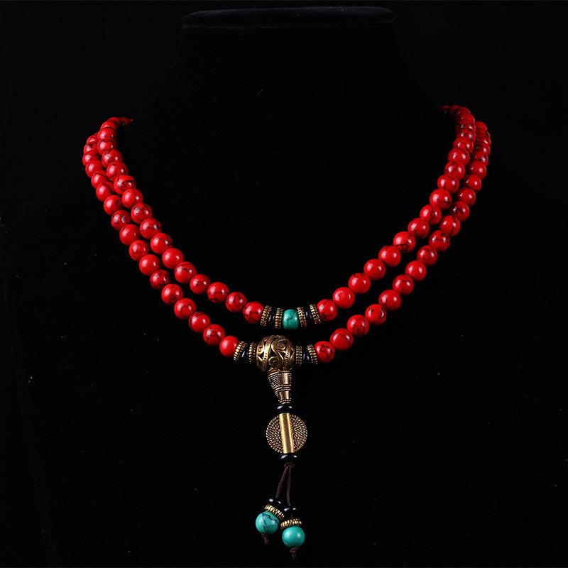 Buddha Stones Tibetan Mala Red Turquoise Lucky Necklace Bracelet Mala Bracelet BS 3
