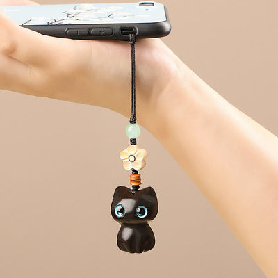 Foviel Mini Small Leaf Red Sandalwood Ebony Wood Lucky Cat Lovely Kitty Peace Key Chain Phone Hanging Decoration