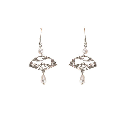 Buddha Stones Copper Fan Auspicious Clouds Pearl Healing Drop Earrings 14