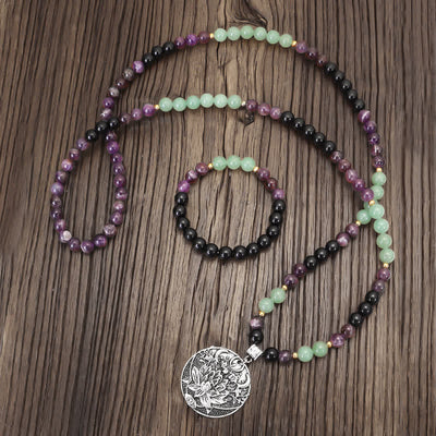 Buddha Stones 108 Mala Beads Amethyst Green Aventurine Lotus Meditation Bracelet - image 11