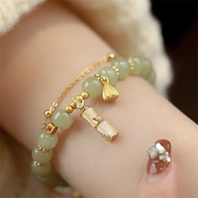 Buddha Stones Natural Hetian Jade Prosperity Lotus Bamboo Charm Bracelet Bracelet BS 3