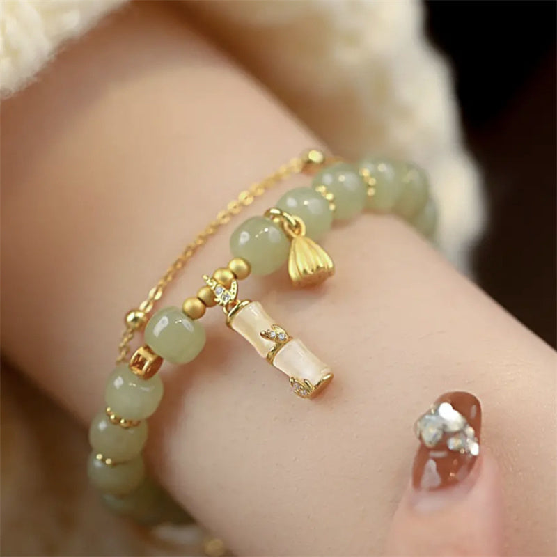 Buddha Stones Natural Hetian Jade Prosperity Lotus Bamboo Charm Bracelet Bracelet BS 3