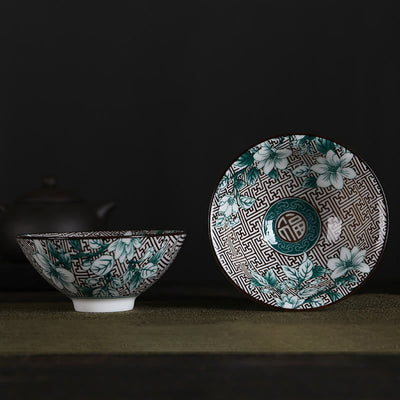 Buddha Stones Flowers Fu Character Mountains Lotus Cherry Blossoms Ceramic Teacup Kung Fu Tea Cup Cup BS Green Flowers Fu Character 8.5cm*4cm*90ml