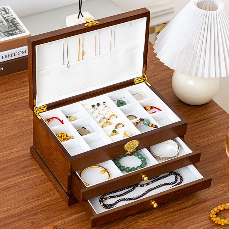 Buddha Stones Retro Wooden Jewelry Box Three-Layer Jewelry Storage Box Jewelry Box BS 14