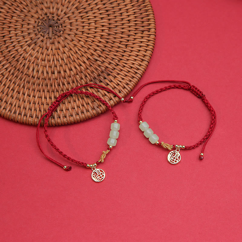 Buddha Stones Handcrafted Jade Bead Fu Character Charm Luck Red Rope Bracelet Bracelet BS 2