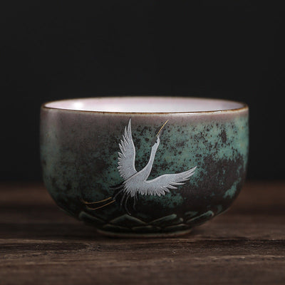 Buddha Stones Auspicious Crane Ceramic Teacup Kung Fu Tea Cup Bowl Cup BS 7cm*4.2cm*100ml