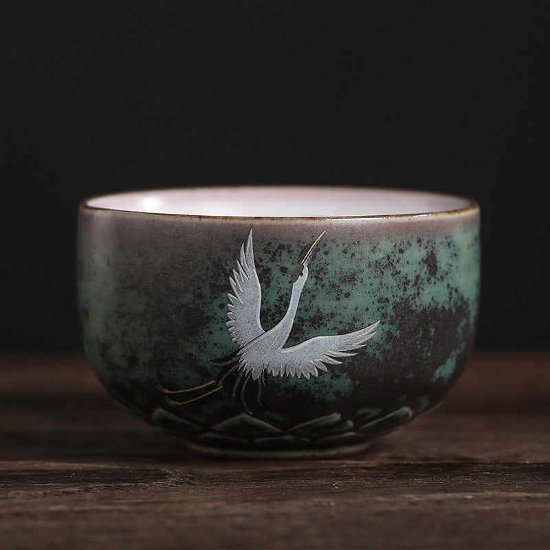 Buddha Stones Auspicious Crane Ceramic Teacup Kung Fu Tea Cup Bowl Cup BS 7cm*4.2cm*100ml