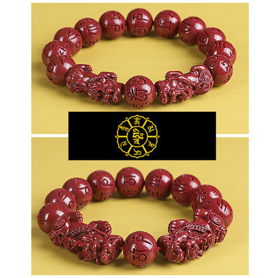 Buddha Stones Natural Double PiXiu Cinnabar Om Mani Padme Hum Wealth Luck Bead Bracelet Bracelet BS 9