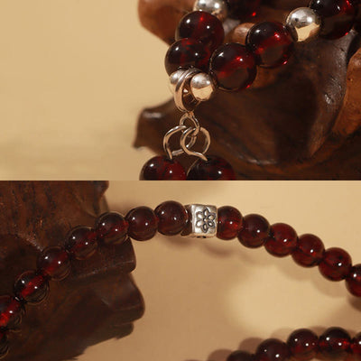 Buddha Stones 925 Sterling Silver Natural Garnet Cat Eye Protection Triple Wrap Bracelet Bracelet BS 4