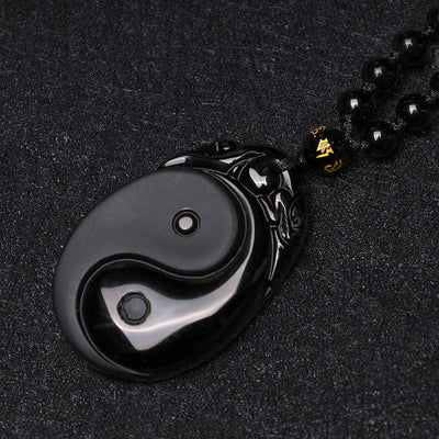 Buddha Stones Natural Black Obsidian Yin Yang Fulfilment Strength Necklace Pendant Necklaces & Pendants BS 5