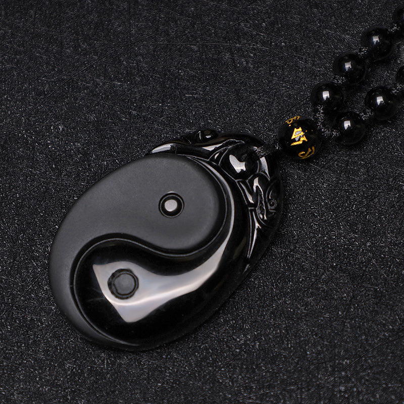 Buddha Stones Natural Black Obsidian Yin Yang Fulfilment Strength Necklace Pendant Necklaces & Pendants BS 5