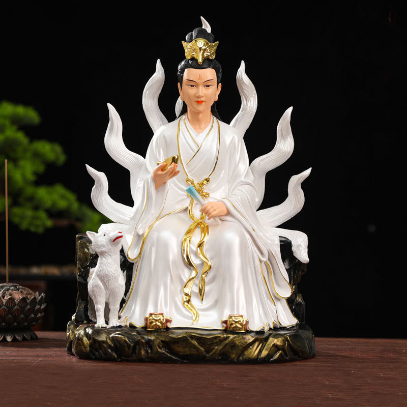 Buddha Stones Nine Tailed Fox Fairy Luck Protection Resin Home Decoration Decorations BS White Male Nine-Tailed Fox