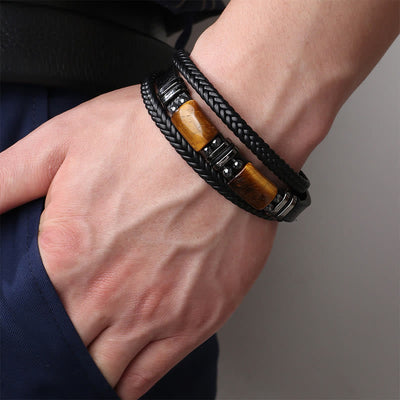 Buddha Stones Tiger Eye Power Magnetic Buckle Multilayered Leather Bracelet Bracelet BS 7