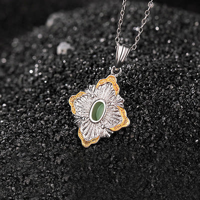 Buddha Stones 925 Sterling Silver Plated Gold Hetian Cyan Jade Rhombus Design Luck Healing Necklace Pendant Necklaces & Pendants BS 3