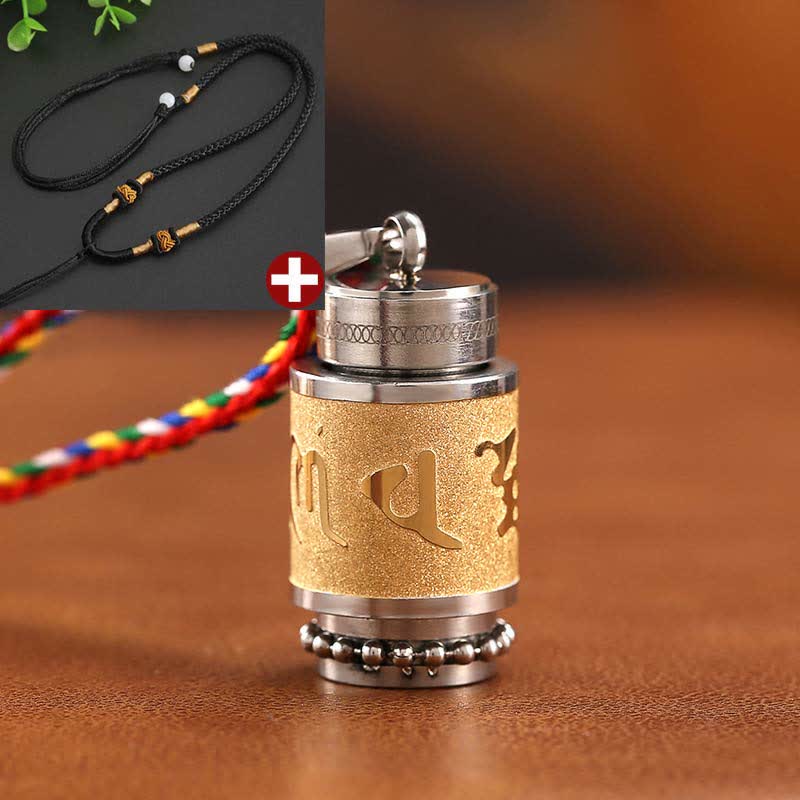 Buddha Stones Tibet Om Mani Padme Hum Shurangama Mantra Titanium Steel Wisdom Amulet Necklace Pendant Necklaces & Pendants BS 1.4*2.4cm Gold Black String