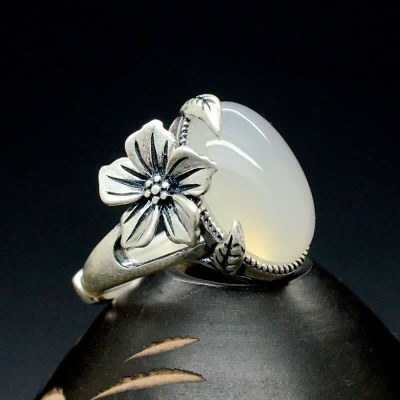 Buddha Stones 990 Sterling Silver Natural Chalcedony Plum Positive Harmony Ring Ring BS 1
