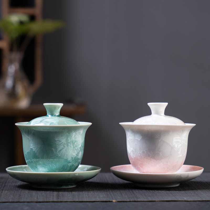 Buddha Stones Traditional Glaze Ceramic Gaiwan Sancai Teacup Kung Fu Tea Cup And Saucer With Lid 180ml Cup BS 15