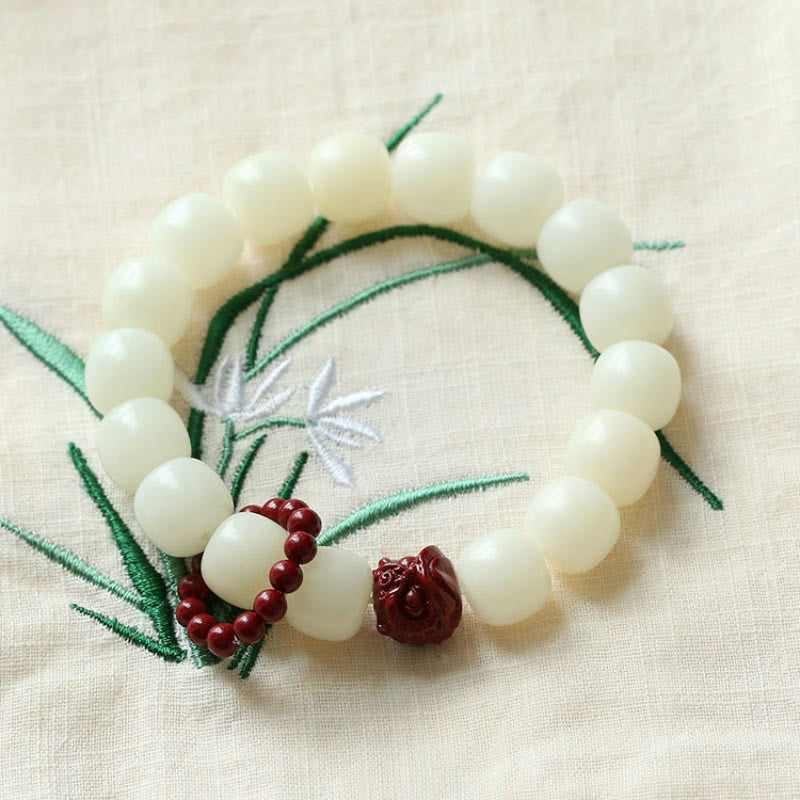 Buddha Stones Natural Bodhi Seed Cinnabar Dancing Lion Charm Wisdom Harmony Wrist Mala Wrist Mala BS 3