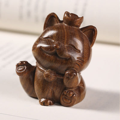 Buddha Stones Mini Green Sandalwood Ingot Lucky Cat Carved Peace Desk Decorations Decorations BS 3