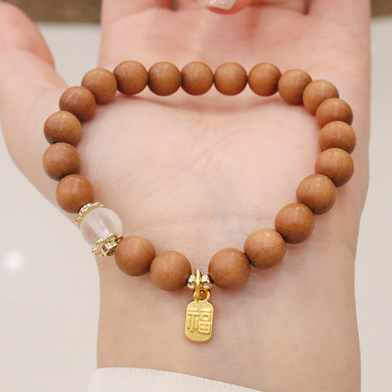Buddha Stones Sandalwood Cat's Eye Fu Character Charm Protection Bracelet Bracelet BS 3