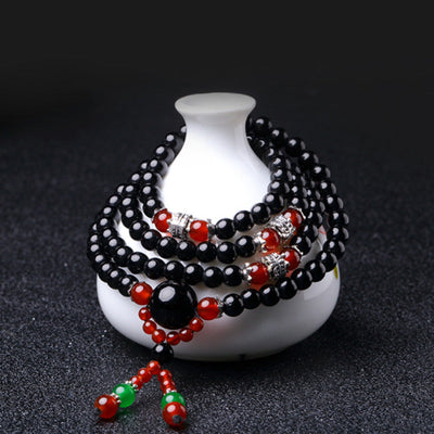 Buddha Stones 108 Beads Natural Black Obsidian Tiger Eye Mala Bracelet Mala Bracelet BS 15
