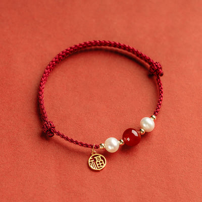 Buddha Stones 925 Sterling Silver Good Fortune Fu Character Agate Pearl Red String Braid Bracelet - image 15