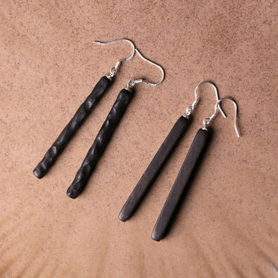 Buddha Stones 925 Sterling Silver Ebony Wood Texture Balance Peace Drop Dangle Earrings Earrings BS 1